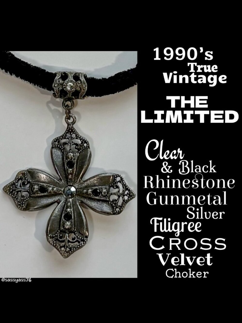 🆕VTG▪️THE LIMITED▪️90's Rhinestone Gunmetal Silver Filigree Cross Velvet Choker